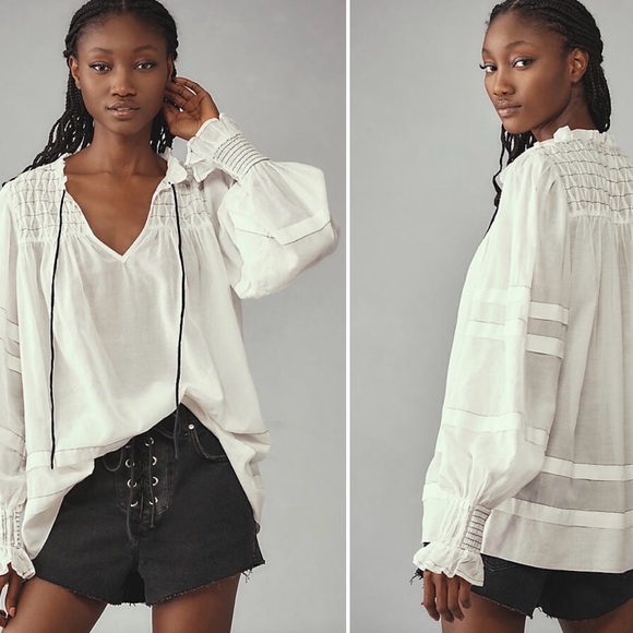 Anthropologie Tops - Anthropologie Long-Sleeve White Airy Babydoll smocked Blouse Sz M Boho Peasant